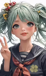 the girl with blue eyes has a peace sign