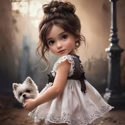 the girl in the picture is holding the small dog
