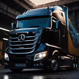 black truck with light lights in the city,a mercedes truck is parked in front of an warehouse