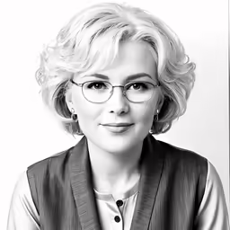 a woman in glasses poses for a black and white photograph