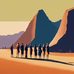 a group of people stand in the sand,a group of people stand next to each other in the desert