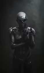 a dark - skinned alien humanoid standing with a knife in his hands