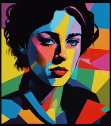 a portrait of a woman in a pop art style,colorful painting of a woman with blue eyes