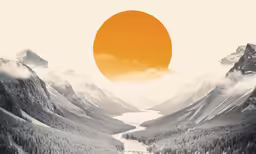 an orange and black photo of a river surrounded by mountains