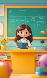 cartoon girl holding a book while sitting at a desk in a classroom