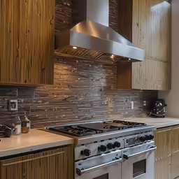 a kitchen with a range and hood made of wood