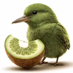 a green bird next to a kiwi slice
