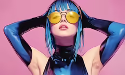 a woman with blue hair and glasses posing for a photo