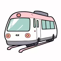 the pink and white train is traveling through the city