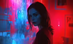 a woman standing in front of colorful lights