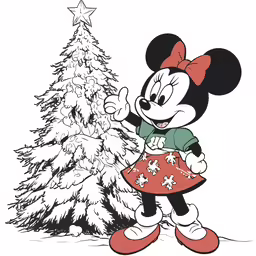 minnie mouse standing next to a christmas tree
