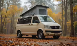 an camper van parked in the woods during the fall
