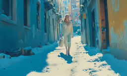 a woman standing in an alley near houses