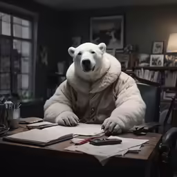 a white bear sitting at a table next to an open laptop