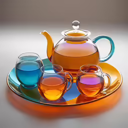 a blue and orange glass tea set with tea in it