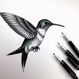 a drawing of a bird that is next to markers,the hummingbird is flying beside four marker pens