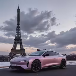 a car with a yellow light on top of it parked near a tower