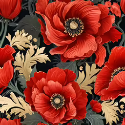 red flowers on a black and gold background