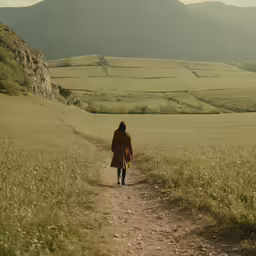 a woman in long brown coat walking through a grass covered field