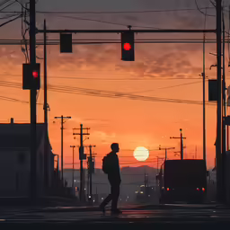 a man crosses a street at dusk in front of traffic signals