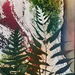 a leaf standing on top of a rock with other green plants