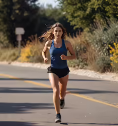 a female running along a road in her sports bra