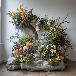 a bunch of flowers on the ground next to a wall