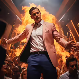 a man in a pink blazer standing in front of a crowd