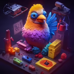 a colorful chicken in front of some components