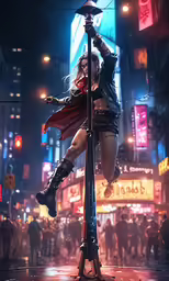 a person with dark clothing and heels standing on a pole in the city at night