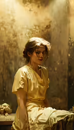 a woman sitting in a light filled room