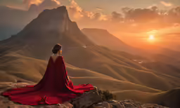 a woman in red sitting on top of a mountain