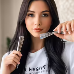 a girl is holding some scissors and a hair brush