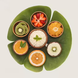 a bunch of different foods on top of leaves