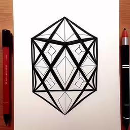 some paper cut outs are laying on a desk next to some pens,a drawing with some pencils and two pens,a pen and a piece of paper that has a drawing of an abstract geometric shape,a paper sculpture on top of a wooden table,a drawing of a black and white geometric object