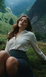 the beautiful lady in the skirt sits alone on the grass