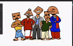 a group of people posing for a picture,two large cartoon people and an old man with mustaches