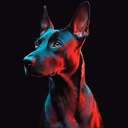 a black and brown dog sitting next to a dark background