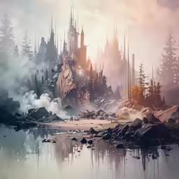 a painting of a landscape with trees and water