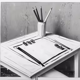 a black and white photo with pens, pencils and art supplies on a table