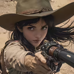 the young woman is holding a rifle on her arm