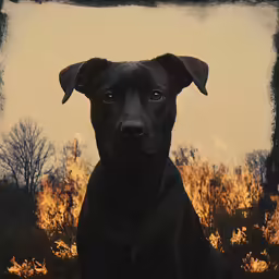 a black dog sits with a yellow sky in the background