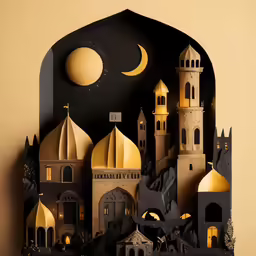 paper cut artwork depicting the landscape of islamic buildings