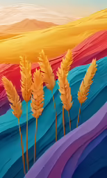 a painting of three grasses on the left and one plant with yellow leaves on top