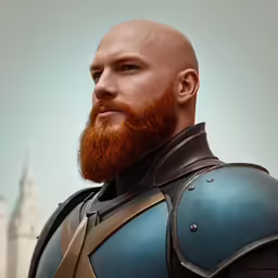 man with orange beard and blue outfit outdoors in city