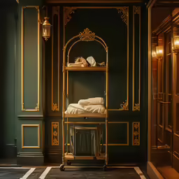 a gold shelf with some white blankets on it
