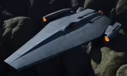 an alien model flying over a bunch of rocks
