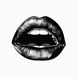 a drawing of a female lips in the air,a drawing of a lipstick with a tooth drawn on the lip