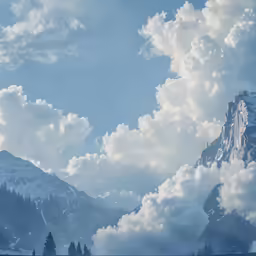 a mountain is filled with white clouds and a blue sky