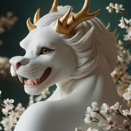 a white lion with yellow horns has flowers in it